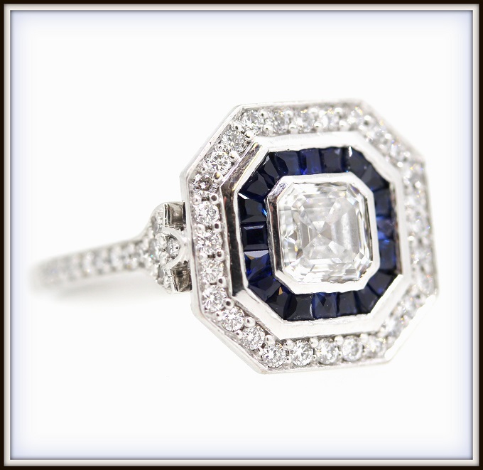 Antique Art Deco Inspired Asscher Sapphire Diamond Engagement Ring Custom