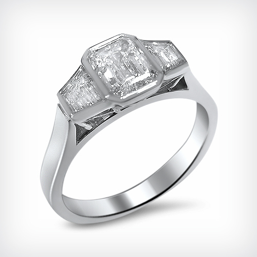 E Colour Internally Flawless Emerald Cut Diamond Trapezoid Diamonds 18ct White Gold Engagement Ring 1