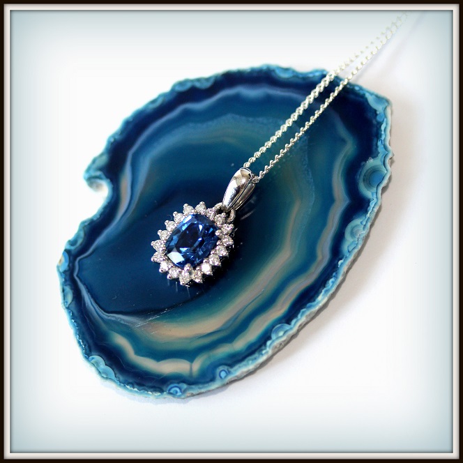 Blue Sapphire and Diamond Pendant 18ct White Gold Torres Jewel co