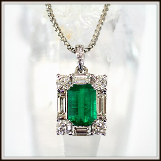 Natural Colombian Emerald Baguette Brilliant Cut Diamond Pendant Custom Jewellery Torres Jewel co