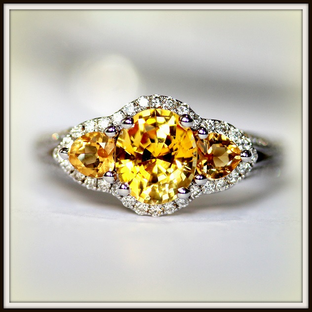 Three Stone Sapphire and Diamond Halo Ring Custom Torres Jewel co 1