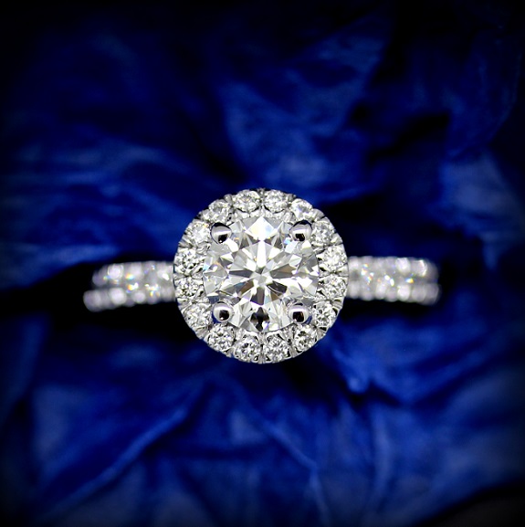 18ct White Gold Diamond halo and Diamond Shoulder Claw Set Ring Torres Jewel Co
