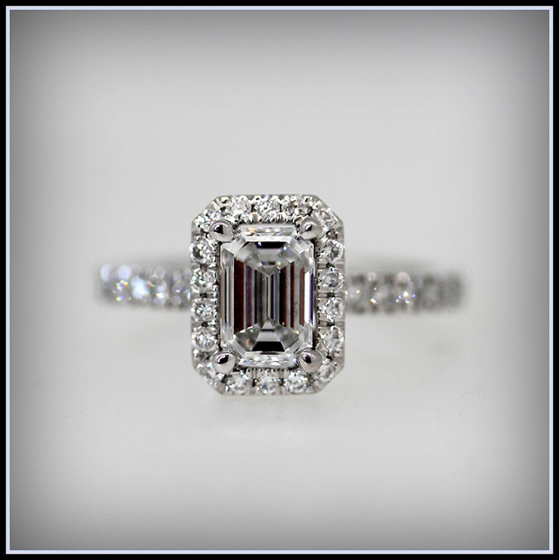 Emerald Cut Diamond in 18ct White Gold with Diamond halo and Shoulders Torres Jewel Co (1)