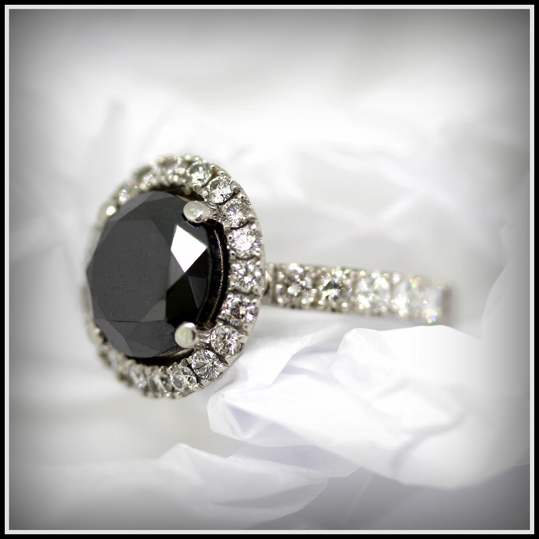 Platinum Round Cut Natural Black Diamond with Round Brilliant Cut Diamond Halo Torres Jewel Co