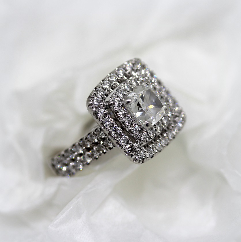 Torres Jewel Co Cushion Cut Double Halo Diamond set Double row band 18ct White Gold
