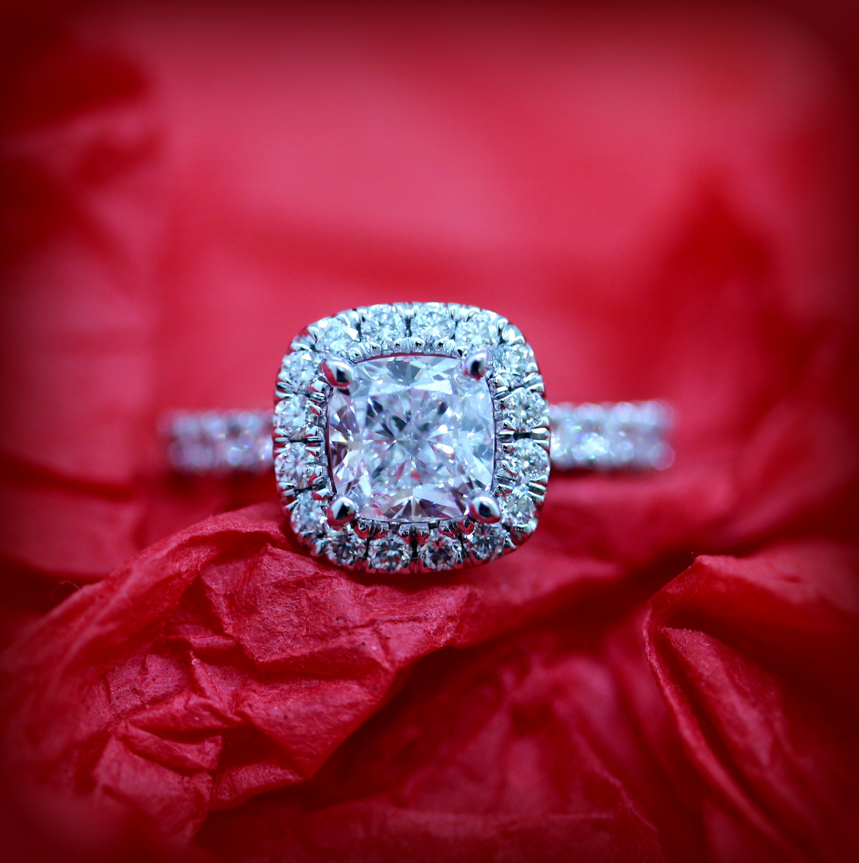 18ct Cushion Cut Diamond with Round Brilliant Cut Diamond in the Halo and band Torres Jewel Co
