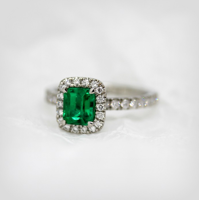 18ct White Gold Diamond and Natural Colombian Emerald Cut Emerald set ring Torres Jewel Co